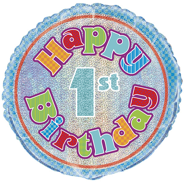 18" - Happy 1st Birthday Silver/Colours Helium Balloon