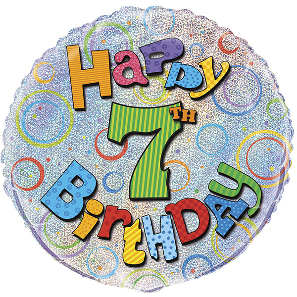 18" - Happy 7th Birthday Silver Circles Helium Balloon