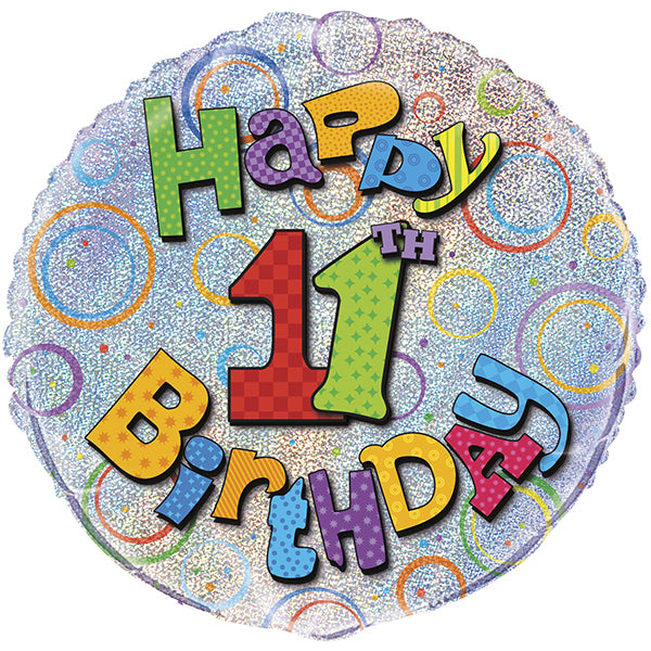 18" - Happy 11th Birthday Silver Helium Balloon
