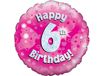 18" - Happy 6th Birthday Pink Holographic Helium Balloon