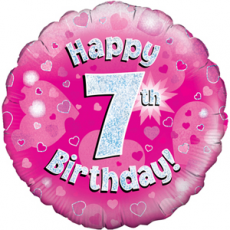 18" - Happy 7th Birthday Pink Holographic Helium Balloon