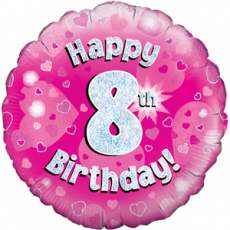 18" - Happy 8th Birthday Pink Holographic Helium Balloon