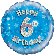 18" - Happy 6th Birthday Blue Holographic Helium Balloon