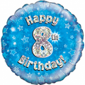 18" - Happy 8th Birthday Blue Holographic Helium Balloon