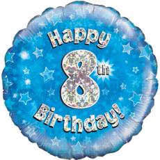18" - Happy 8th Birthday Blue Holographic Helium Balloon