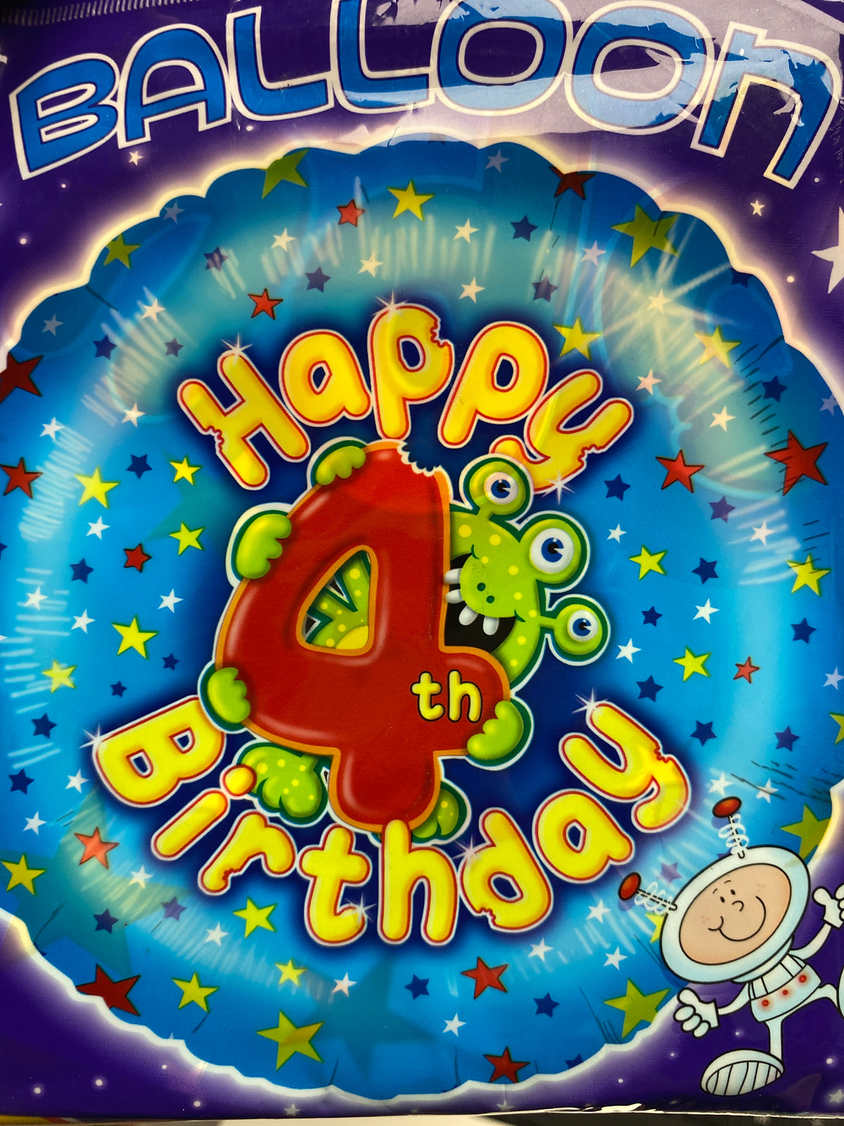 18" - Happy 4th Birthday Green Alien Helium Balloon