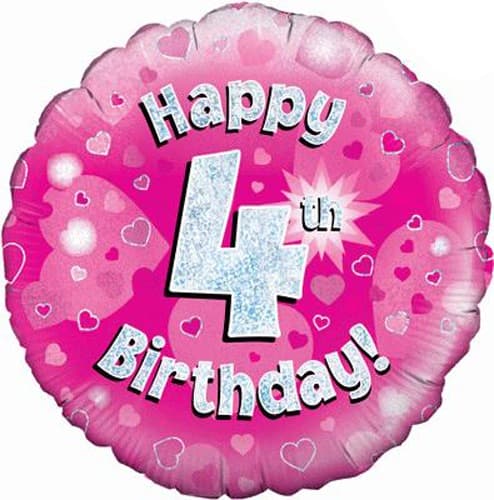 18" - Happy 4th Birthday Pink Holographic Helium Balloon