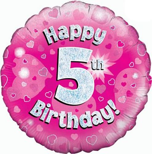 18" - Happy 5th Birthday Holographic Pink Helium Balloon