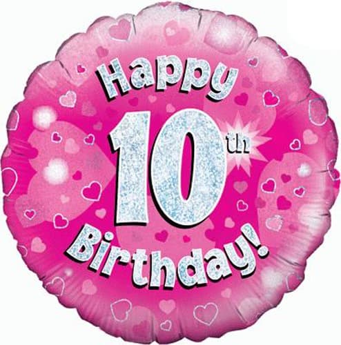 18" - Happy 10th Birthday Pink Holographic Helium Balloon