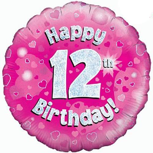 18" - Happy 12th Birthday Pink Holographic Helium Balloon