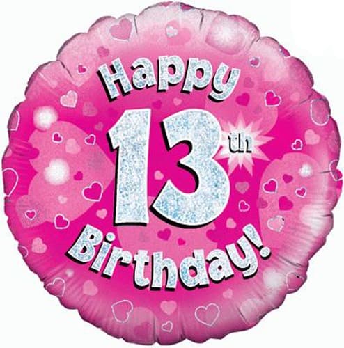 18" - Happy 13th Birthday Pink Holographic Helium Balloon