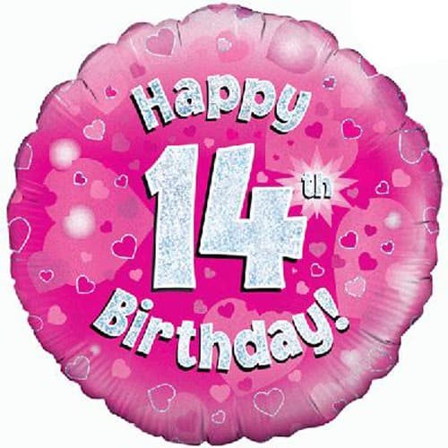 18" - Happy 14th Birthday Pink Holographic Helium Balloon