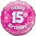 18" - Happy 15th Birthday Pink Holographic Helium Balloon