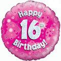 18" - Happy 16th Birthday Pink Holographic Helium Balloon