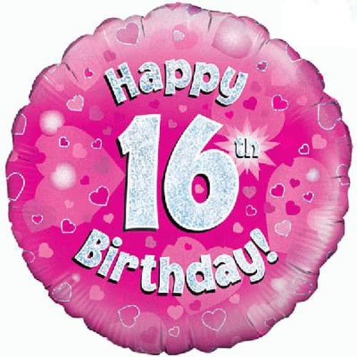 18" - Happy 16th Birthday Pink Holographic Helium Balloon