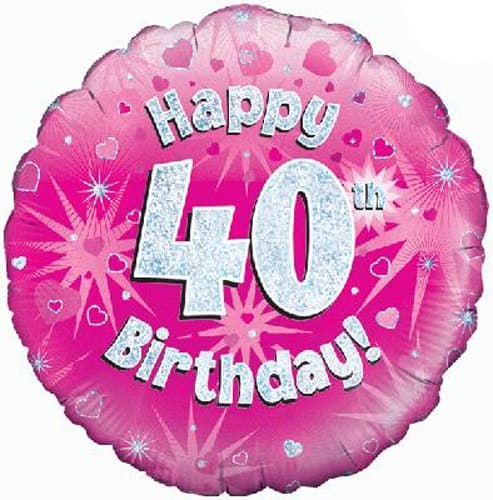 18" - Happy 40th Birthday Pink Holographic Helium Balloon