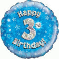 18" - Happy 3rd Birthday Blue Holographic Helium Balloon
