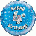 18" - Happy 4th Birthday Blue Holographic Helium Balloon
