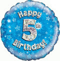 18" - Happy 5th Birthday Holographic Blue Helium Balloon