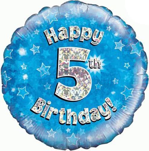 18" - Happy 5th Birthday Holographic Blue Helium Balloon
