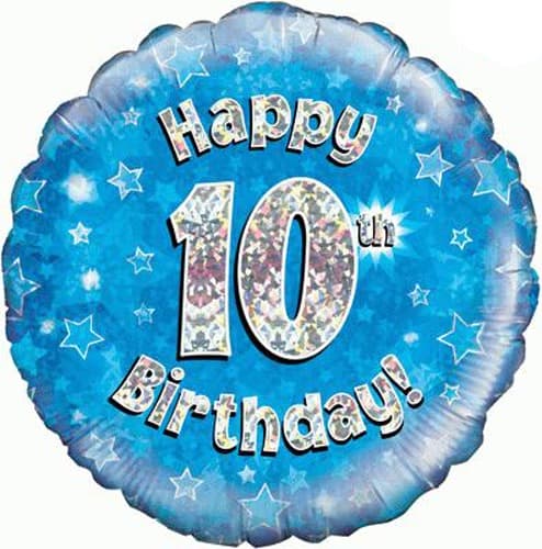 18" - Happy 10th Birthday Blue Holographic Helium balloon