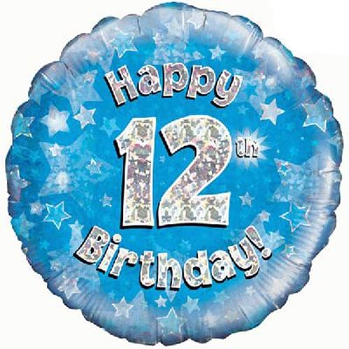 18" - Happy 12th Birthday Blue Holographic Helium Balloon