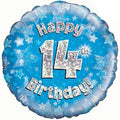 18″ - Happy 14th Birthday Blue Holographic Helium Balloon