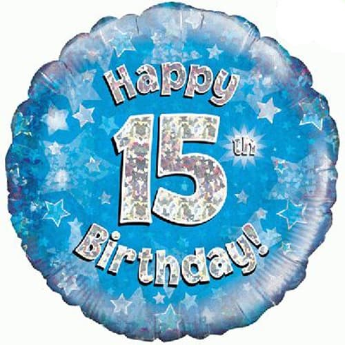 18" - Happy 15th Birthday Blue Holographic Helium Balloon