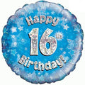 18" - Happy 16th Birthday Blue Holographic Helium Balloon