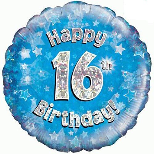 18" - Happy 16th Birthday Blue Holographic Helium Balloon