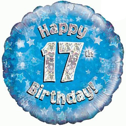 18" - Happy 17th Birthday Blue Holographic Helium Balloon