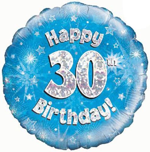 18" - Happy 30th Birthday Blue Holographic Helium Balloon