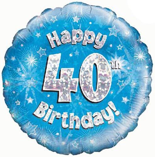 18" - Happy 40th Birthday Blue Holographic Helium Balloon