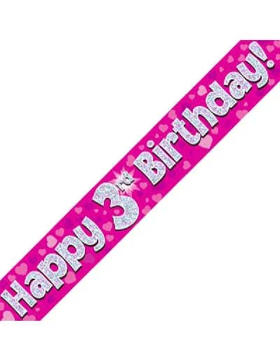 Happy 3rd Birthday Pink Holographic Banner 2.7m