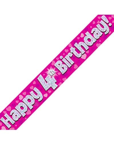 Happy 4th Birthday Pink Holographic Banner 2.7m