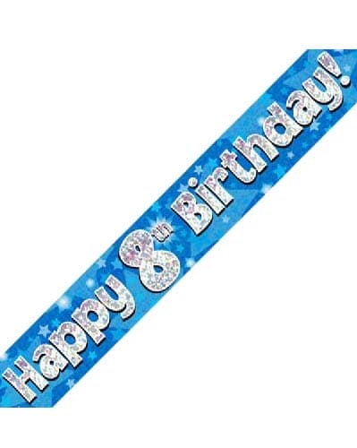 Happy 8th Birthday Blue Holographic Banner 2.7m